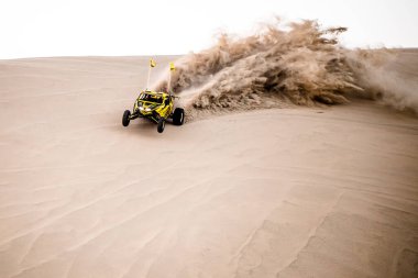 Doha, Katar... 23 Şubat 2018 Katarlı çölün kum tepelerindeki at arabası..