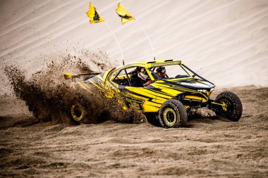 Doha, Katar... 23 Şubat 2018 Katarlı çölün kum tepelerindeki at arabası..