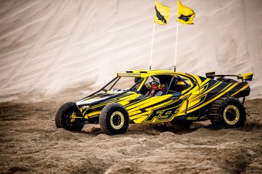 Doha, Katar... 23 Şubat 2018 Katarlı çölün kum tepelerindeki at arabası..