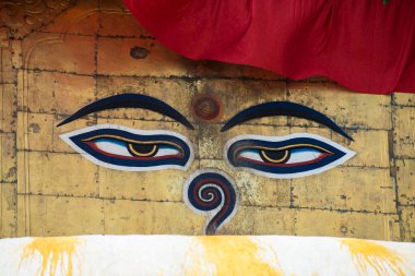 Katmandu, Nepal - 20 Nisan 2019: Budist Swayambhunath Tapınağı (maymun tapınağı) UNESCO Dünya Mirası Alanı.
