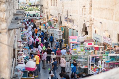 Doha, Katar - 05 Mart 2019: Eski pazar Souk Waqif 'te evcil hayvan dükkanları olan sokak.