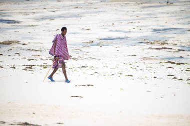 Zanzibar, Tanzanya - 22 Ocak 2022: Zanzibar adasının kumsalında geleneksel kıyafetler giyen Masai savaşçıları.