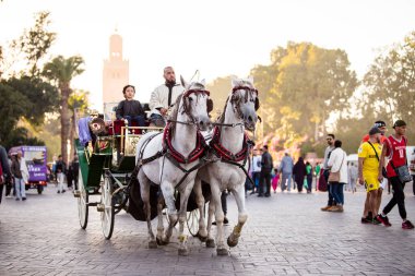 Marakeş, Fas - 28 Şubat 2018: Marakeş sokaklarında turist turu yapan arabalar.