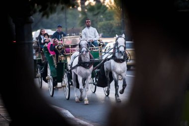 Marakeş, Fas - 28 Şubat 2018: Marakeş sokaklarında turist turu yapan arabalar.