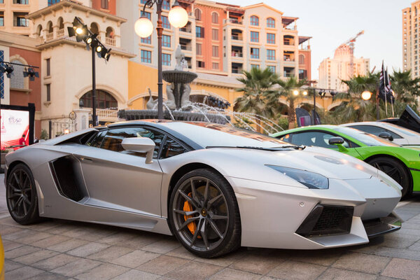 Doha ,Qatar-February 01,2020 : Exhibition of luxury supercars organized by the Qatari team called "Elite supercars" in the area of the artificial island of Pearl.