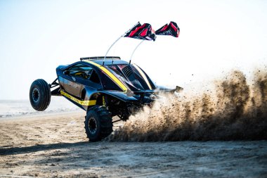 Doha, Katar... 23 Şubat 2018 Katarlı çölün kum tepelerindeki at arabası..