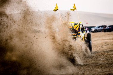 Doha, Katar... 23 Şubat 2018 Katarlı çölün kum tepelerindeki at arabası..