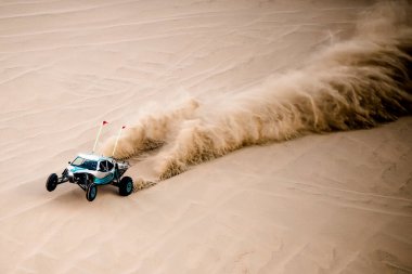 Doha, Qatar- 23 Nisan 2022 Katarlı çölün kum tepelerindeki at arabası..