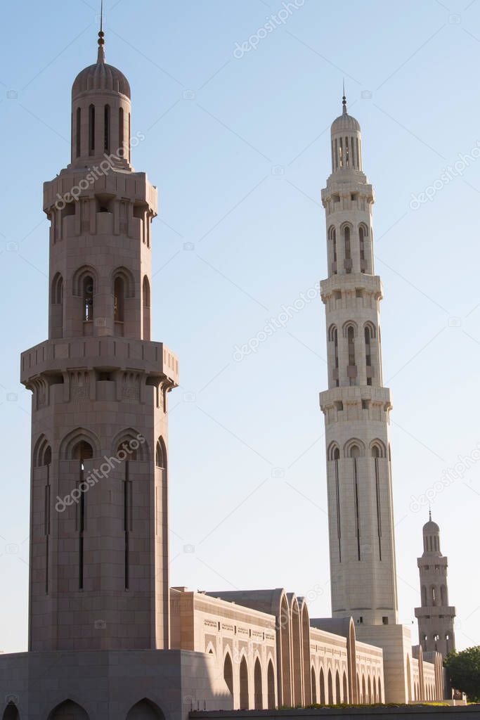 Muscat,Oman - April 24,2022 : View on Sultan Qaboos grand mosque architecture in Muscat.