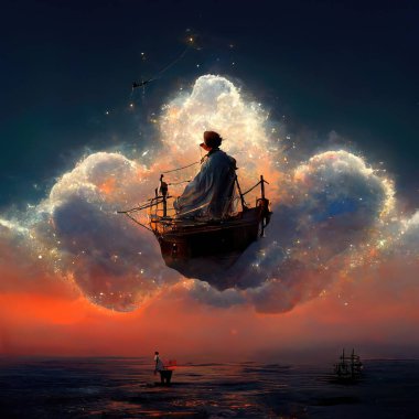 Digital art of magician with cowl in a boat floating in the clouds, 3d illustration, 3d render