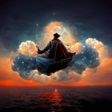 Digital art of magician with cowl in a boat floating in the clouds, 3d illustration, 3d render