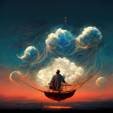 Digital art of magician with cowl in a boat floating in the clouds, 3d illustration, 3d render