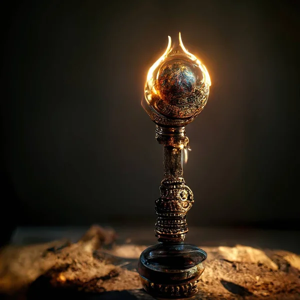Digital art of ancient god artifact, metal, volumetric lighting, 3d illustration