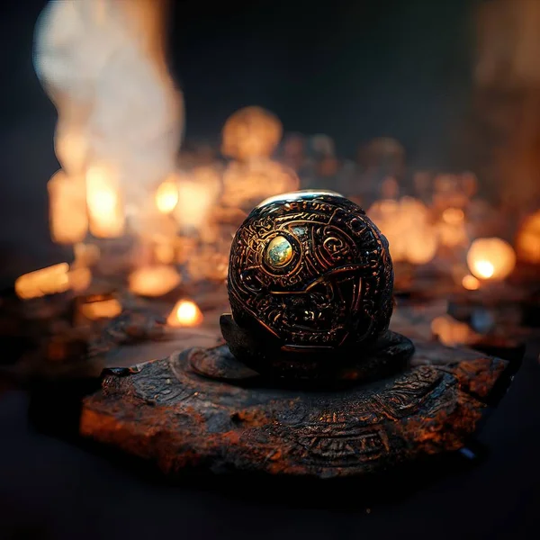 Digital art of ancient god artifact, metal, volumetric lighting, 3d illustration