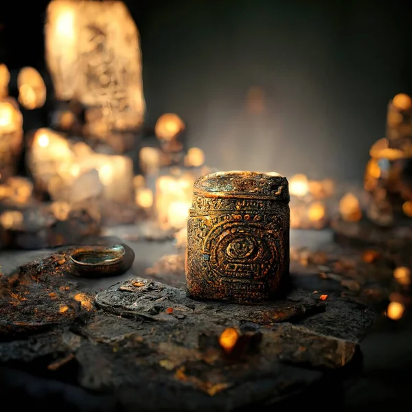 Digital art of ancient god artifact, metal, volumetric lighting, 3d illustration