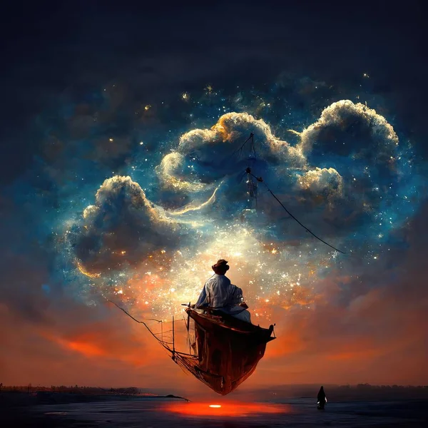 Digital Art Magician Cowl Boat Floating Clouds Illustration Render — Stok fotoğraf