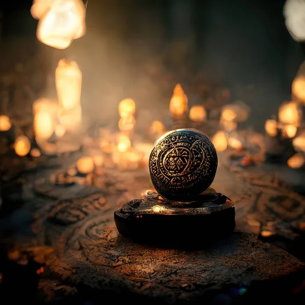 Digital art of ancient god artifact, metal, volumetric lighting, 3d illustration