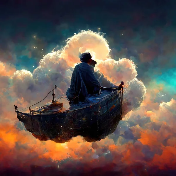 Digital Art Magician Cowl Boat Floating Clouds Illustration Render — Foto de Stock