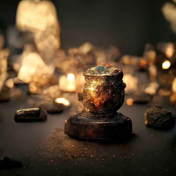 Digital art of ancient god artifact, metal, volumetric lighting, 3d illustration