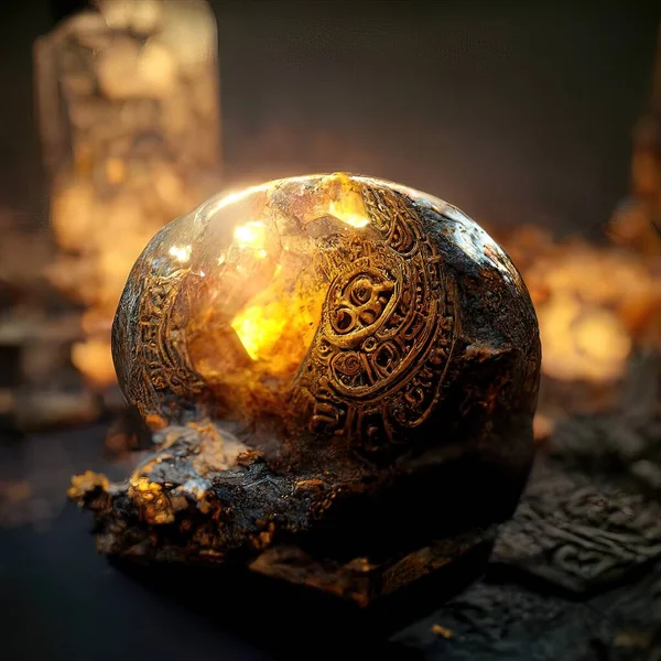 Digital art of ancient god artifact, metal, volumetric lighting, 3d illustration