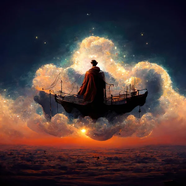Digital art of magician with cowl in a boat floating in the clouds, 3d illustration, 3d render