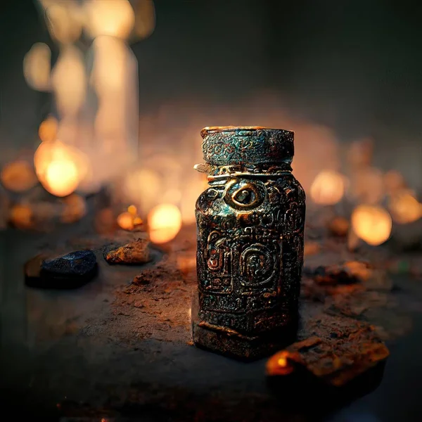 Digital art of ancient god artifact, metal, volumetric lighting, 3d illustration
