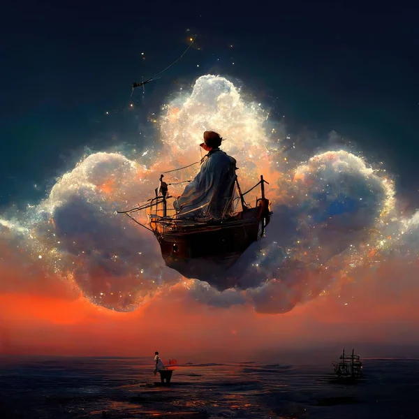 Digital art of magician with cowl in a boat floating in the clouds, 3d illustration, 3d render