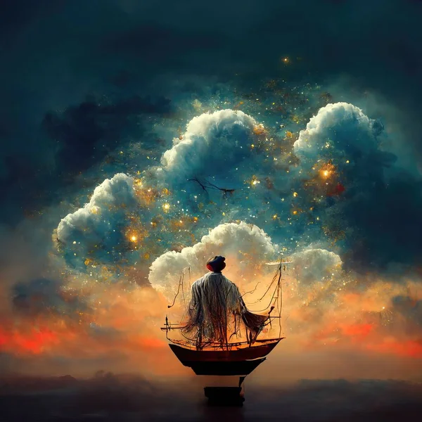 Digital art of magician with cowl in a boat floating in the clouds, 3d illustration, 3d render