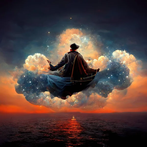 Digital art of magician with cowl in a boat floating in the clouds, 3d illustration, 3d render