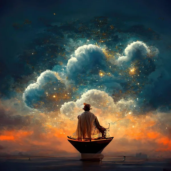 Digital Art Magician Cowl Boat Floating Clouds Illustration Render — Fotografia de Stock