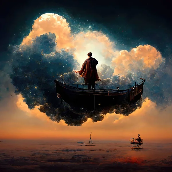 Digital art of magician with cowl in a boat floating in the clouds, 3d illustration, 3d render