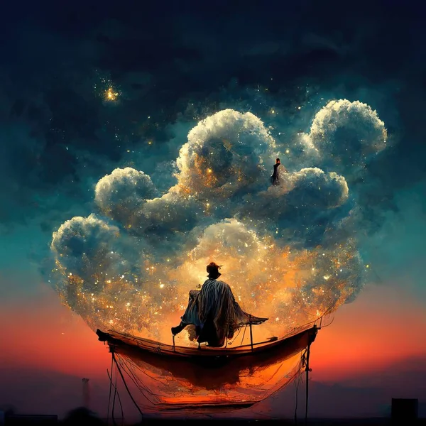 Digital Art Magician Cowl Boat Floating Clouds Illustration Render — Stok fotoğraf