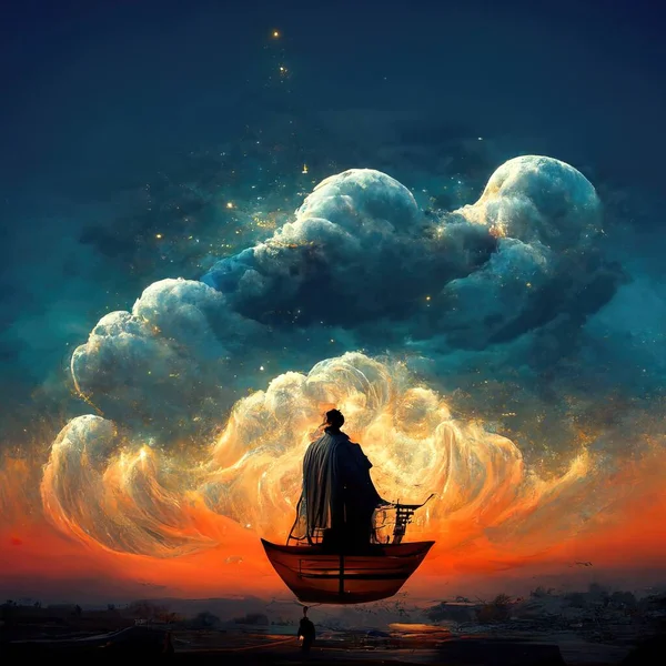 Digital art of magician with cowl in a boat floating in the clouds, 3d illustration, 3d render
