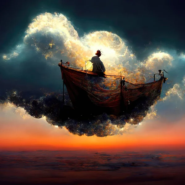 Digital art of magician with cowl in a boat floating in the clouds, 3d illustration, 3d render