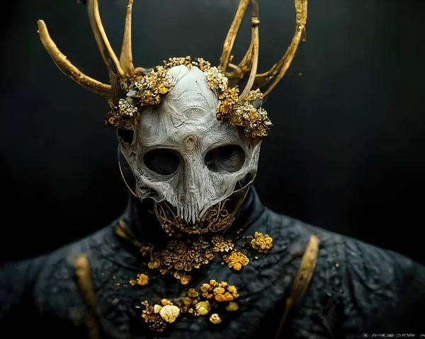 Digital art of man wearing a golden mask and antler covered in gems, 3d Illustration, 3d render