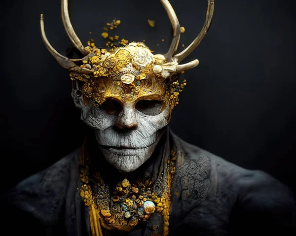 Digital art of man wearing a golden mask and antler covered in gems, 3d Illustration, 3d render