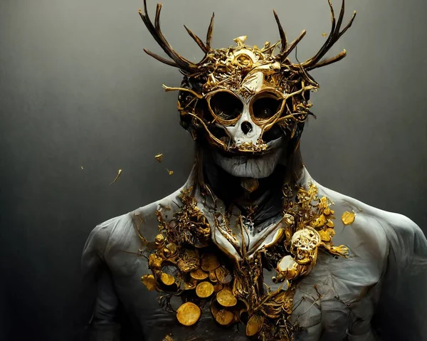 Digital Art Man Wearing Golden Mask Antler Covered Gems Illustration — Zdjęcie stockowe