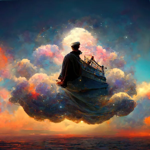 Digital art of magician with cowl in a boat floating in the clouds, 3d illustration, 3d render
