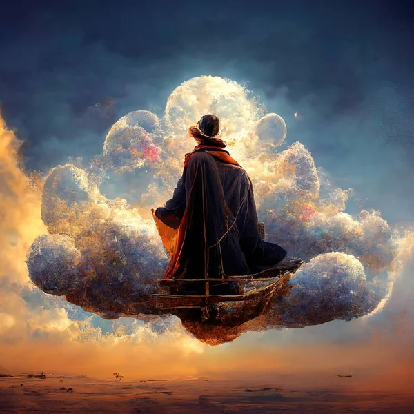 Digital art of magician with cowl in a boat floating in the clouds, 3d illustration, 3d render