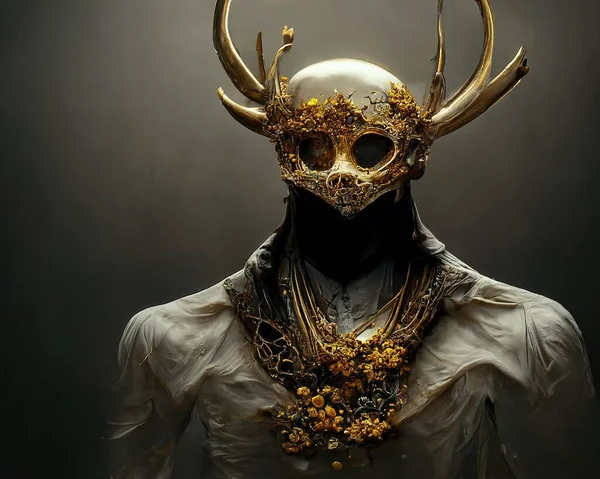 Digital Art Man Wearing Golden Mask Antler Covered Gems Illustration — Photo