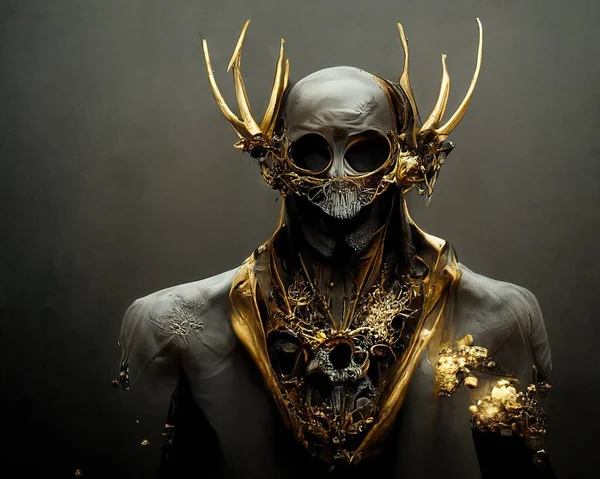 Digital art of man wearing a golden mask and antler covered in gems, 3d Illustration, 3d render