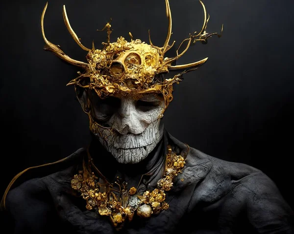 Digital art of man wearing a golden mask and antler covered in gems, 3d Illustration, 3d render
