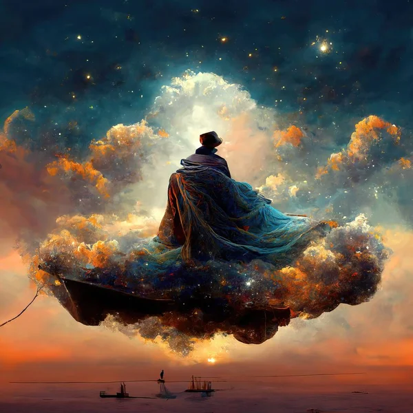Digital art of magician with cowl in a boat floating in the clouds, 3d illustration, 3d render