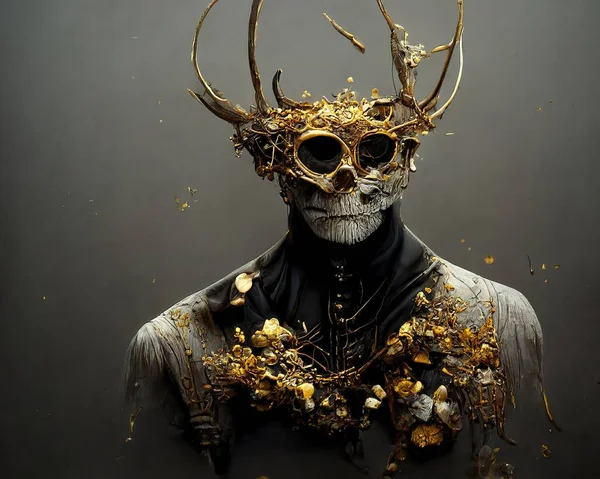 Digital art of man wearing a golden mask and antler covered in gems, 3d Illustration, 3d render