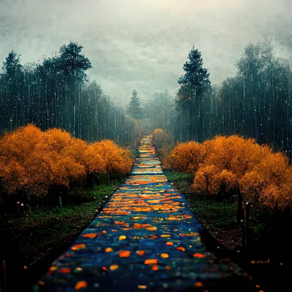 Surreal path of gratitude in forest with amazing light, 3d illustration, 3d render