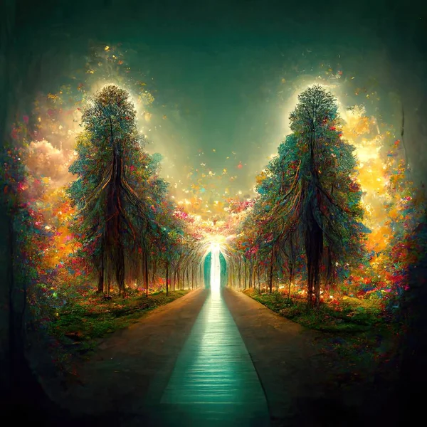 Surreal Path Gratitude Forest Amazing Light Illustration Render —  Fotos de Stock