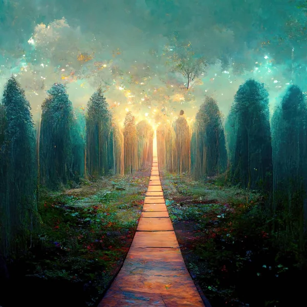Surreal path of gratitude in forest with amazing light, 3d illustration, 3d render
