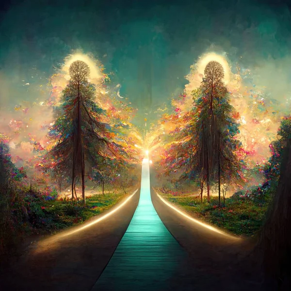 Surreal Path Gratitude Forest Amazing Light Illustration Render — Foto de Stock