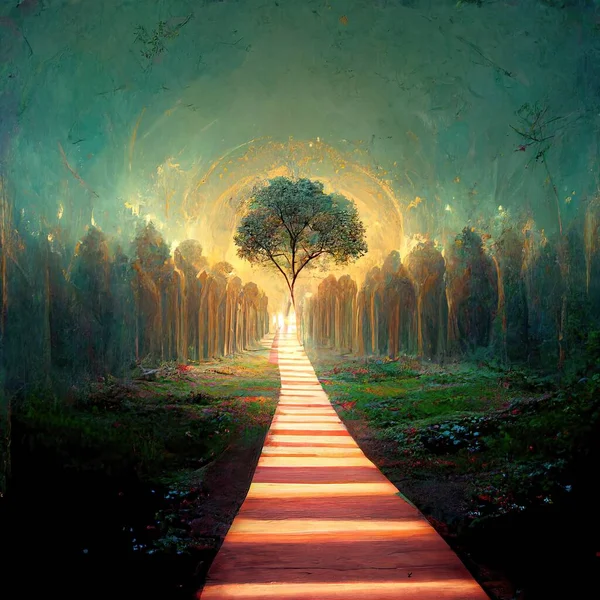 Surreal path of gratitude in forest with amazing light, 3d illustration, 3d render
