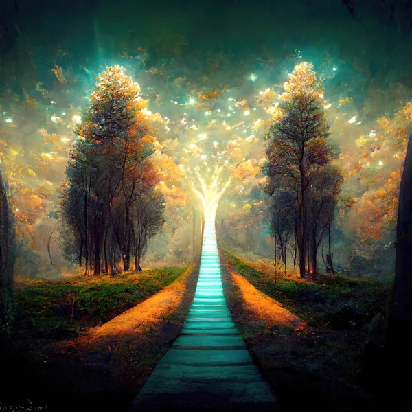 Surreal Path Gratitude Forest Amazing Light Illustration Render — Stok fotoğraf